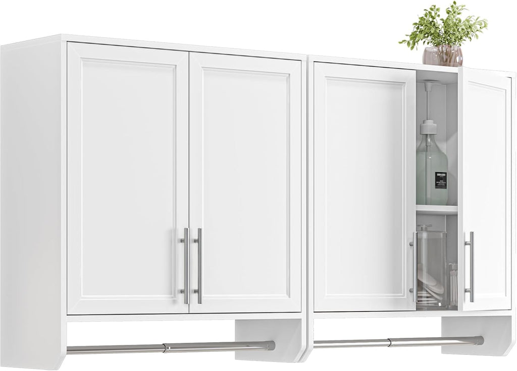 59'' Wall Cabinet with Towel Bar, Laundry Room Cabinets Wall Mounted, Bathroom Wall Cabinet, Adjustable Shelf, Shaker Door, White