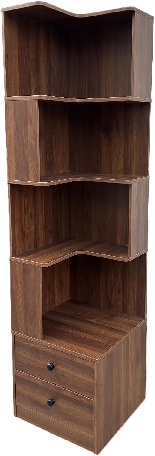 Corner Bookshelf with Drawers and LED Lights, 4-Tier Corner Bookcase with Baffle, Freestanding L-Shaped Display Shelf Stand for Home Office, Living Room, Walnut