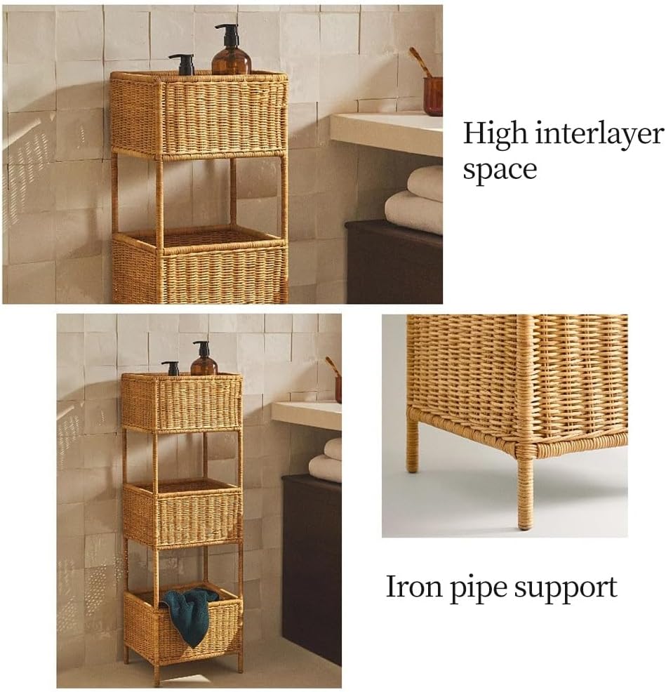 3 Tier Rattan Storage Rack, Hand-Woven Storage Shelves, Boho Basket Stand with Metal Frame, Rattan Corner Shelf for Living Room, Kitchen, Laundry, Bathroom