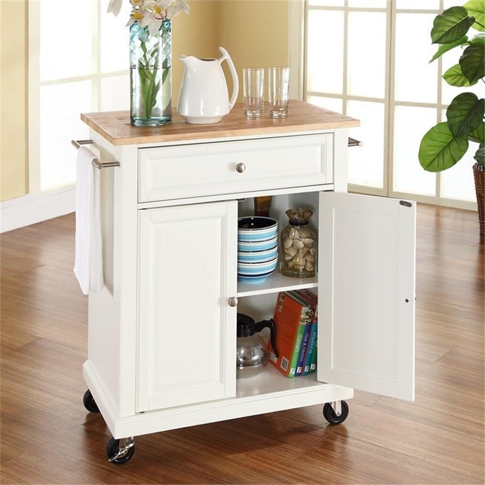 Pemberly Row Traditional Wood Kitchen Cart, 1-Drawer, 2-Door, White and Natural Finish, 35.5' H x 28.25' W x 18' D, Adjustable Shelf, Storage Drawer, Towel Bars, Brushed Nickel Hardware
