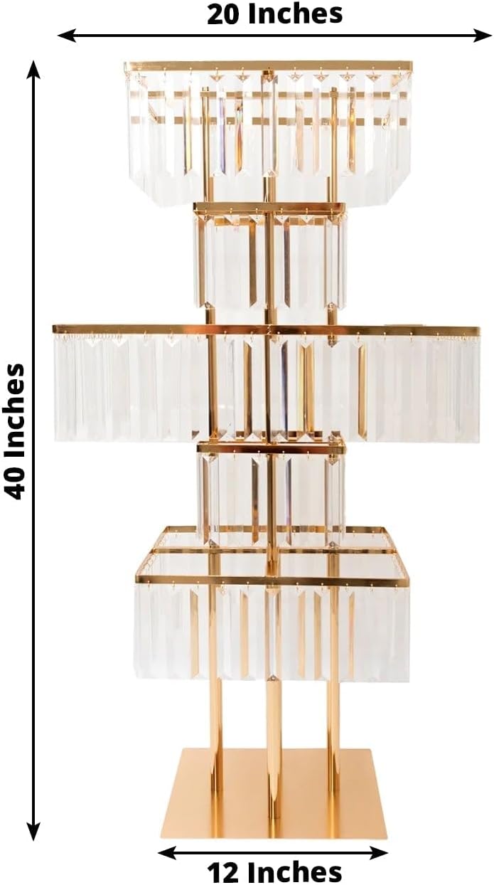 Efavormart Crystal Pendant 5-Tier Table Centerpiece Chandelier in Gold, 40' Flower Stand Metal Vase Square Pedestal with Hanging Crystals