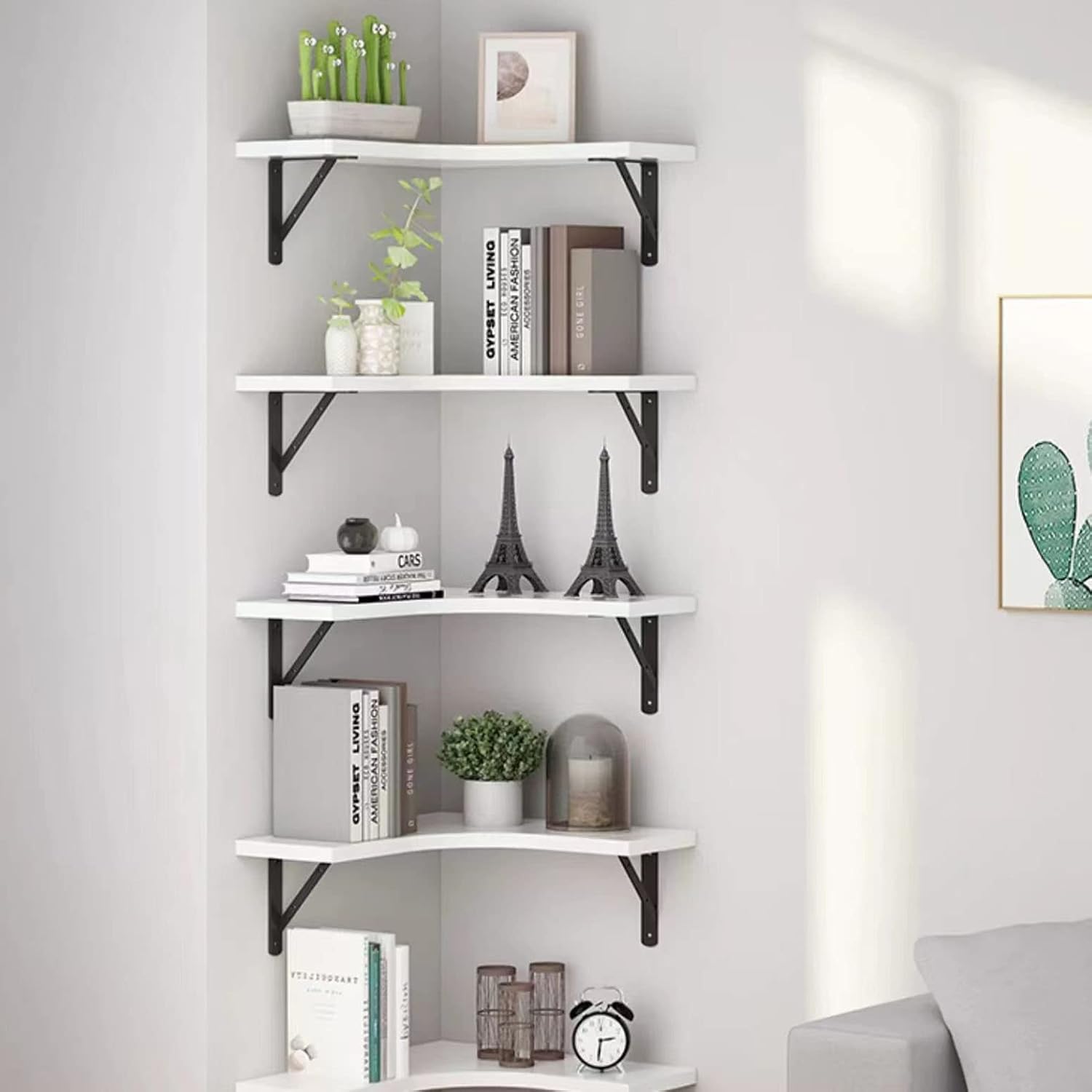 Floating Corner Bookshelf Wall Mounted Wood Shelf for Bedroom Living Room Office Bathroom Light Walnut 1 Tier Space Saving Storage Solution