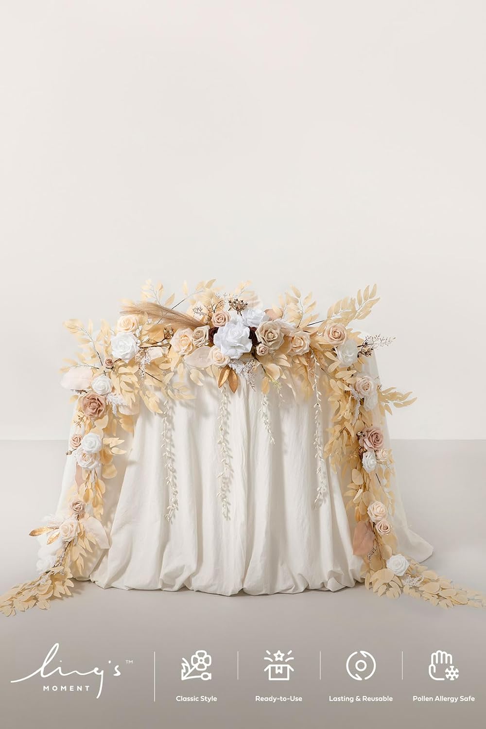 Ling's Moment 9FT Flower Garland for Backdrop Decorations - Wedding Arch Flowers, Eucalyptus & Rose, Artificial Floral Garland for Mantel - Sweetheart Table Decor for Ceremony Reception, White & Beige