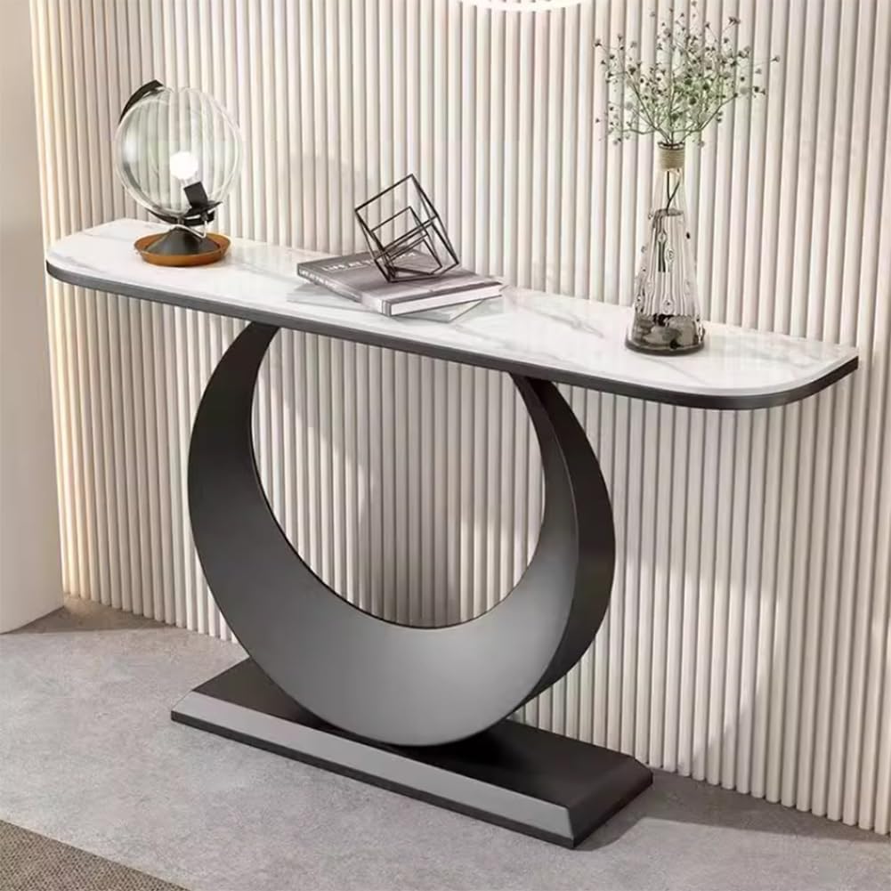GRRICEPL Console Table with Circle Base, Slate Side Table, Living Room Sofa Side Table, Metal Frame Bedroom Bedside Table(Black-A,150X30X80 CM)