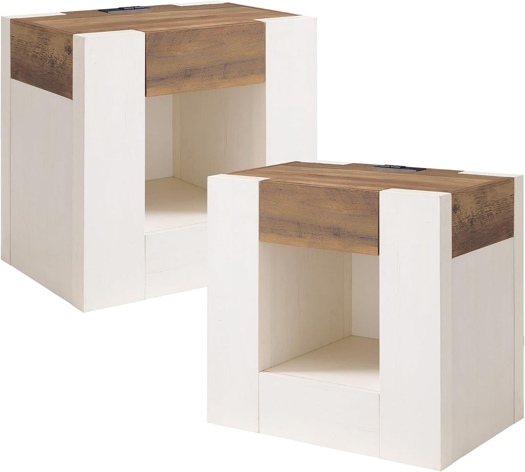 OKD Modern Nightstand with Charging Station, 24' Large Bedside Table, Rustic End Table with Drawers & Open Shelf for Bedroom/Living Room, Night Stand Wood Thick Design,Antique White