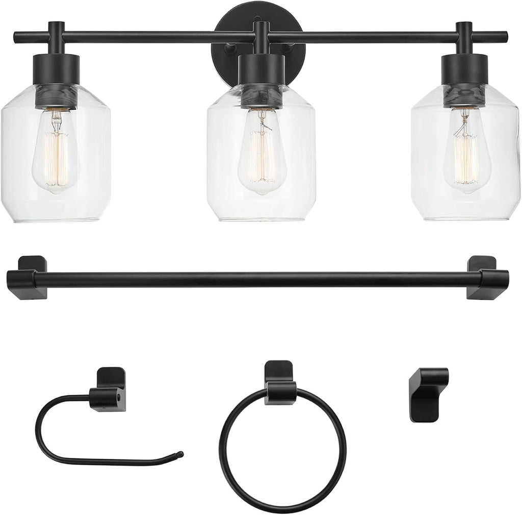 Globe Electric 65556 All-in-One 5-Piece Bathroom Set, Matte Black Finish, 3-Light Vanity with Clear Glass Shades, Towel Ring, Toilet Paper Holder, Robe Hook, and Towel Bar, Modern Bathroom Lighting