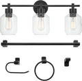 Globe Electric 65556 All-in-One 5-Piece Bathroom Set, Matte Black Finish, 3-Light Vanity with Clear Glass Shades, Towel Ring, Toilet Paper Holder, Robe Hook, and Towel Bar, Modern Bathroom Lighting