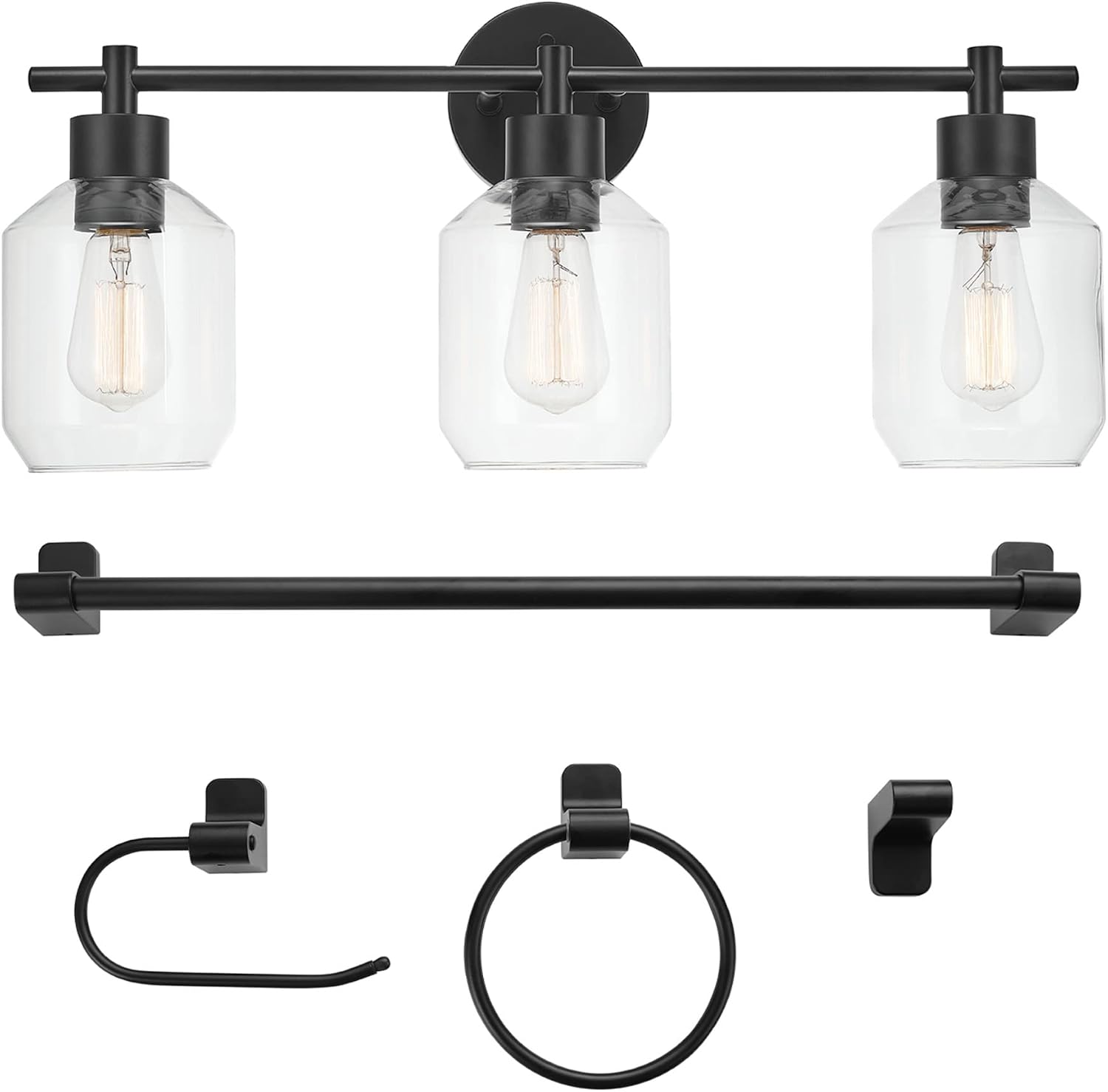 Globe Electric 65556 All-in-One 5-Piece Bathroom Set, Matte Black Finish, 3-Light Vanity with Clear Glass Shades, Towel Ring, Toilet Paper Holder, Robe Hook, and Towel Bar, Modern Bathroom Lighting