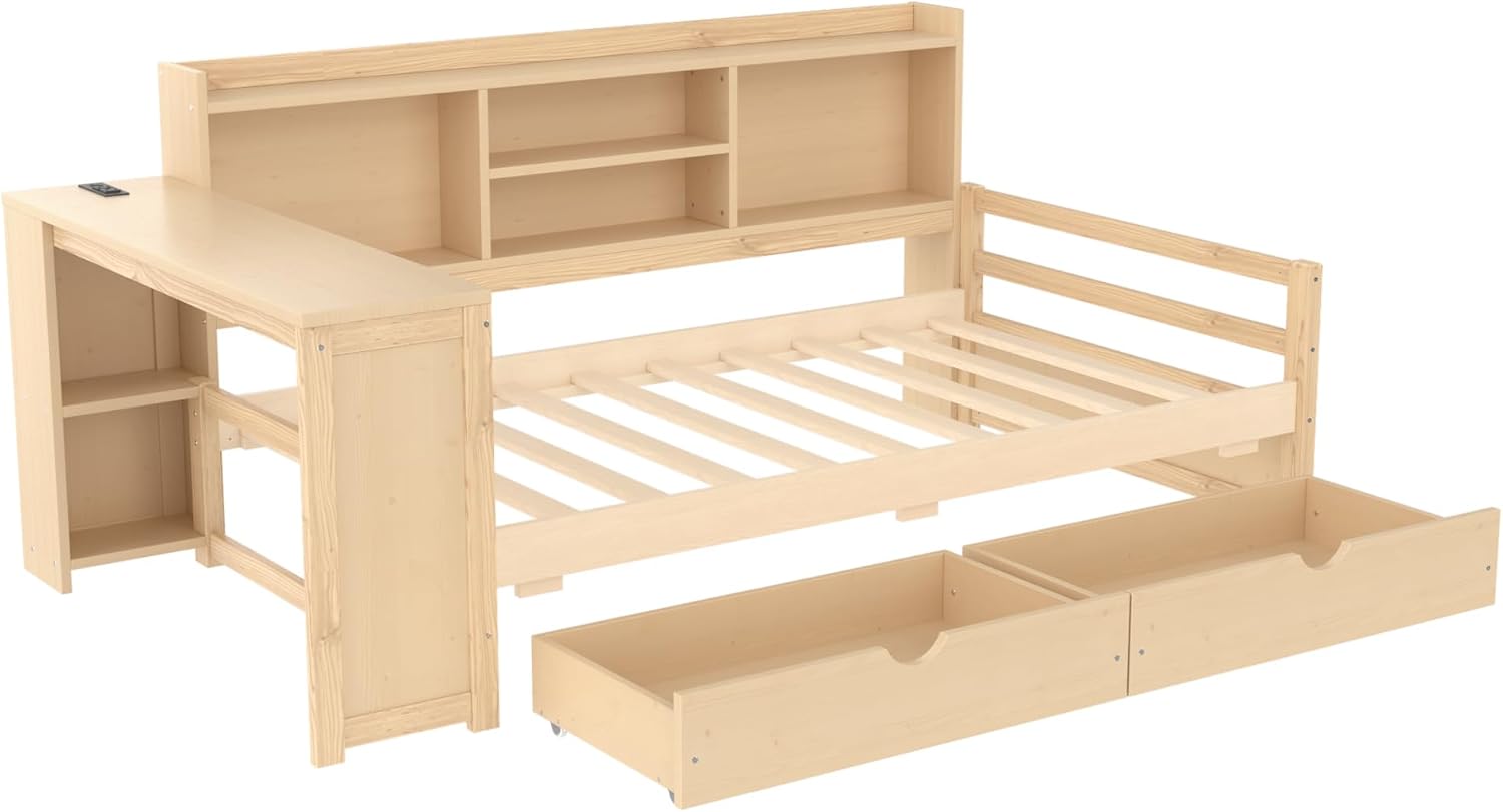 Bellemave Twin Corner Bed Frame with Desk and Storage Shelves,Charging Port, Wood Twin Size Daybed with Bookcase and Drawers, Natural Color