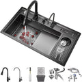 Stepped Stainless Steel Kitchen Sink with Pull-Out Faucet Black Nano Household Sink Multi-functional Single Bowl Sink with Cup Washer Soap Dispenser Knife Holder Box Knob Drainage Component (Black