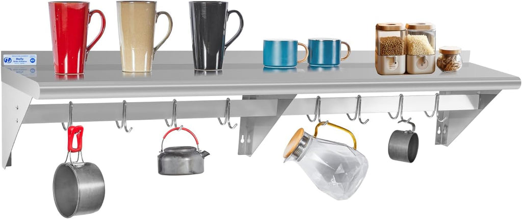 Hally Stainless Steel Shelf with 8 Hooks 14' x 60' Wall Mounted Pot Rack 400lb, NSF Commercial Floating Shelving for Storage Hanging Pots, Pans, cookware in Restaurant, Kitchen, Home and Hotel
