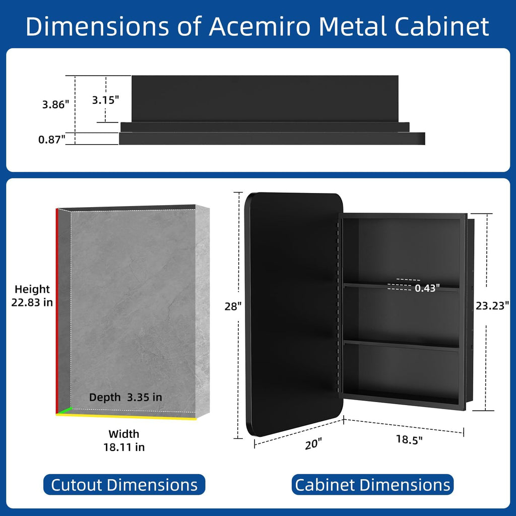 ACEMIRO 20x28 Inch Black Recessed Bathroom Medicine Cabinet with Mirror Metal Framed Farmhouse Surface Wall Mounted Mirrored Bathroom Medicine Cabinets