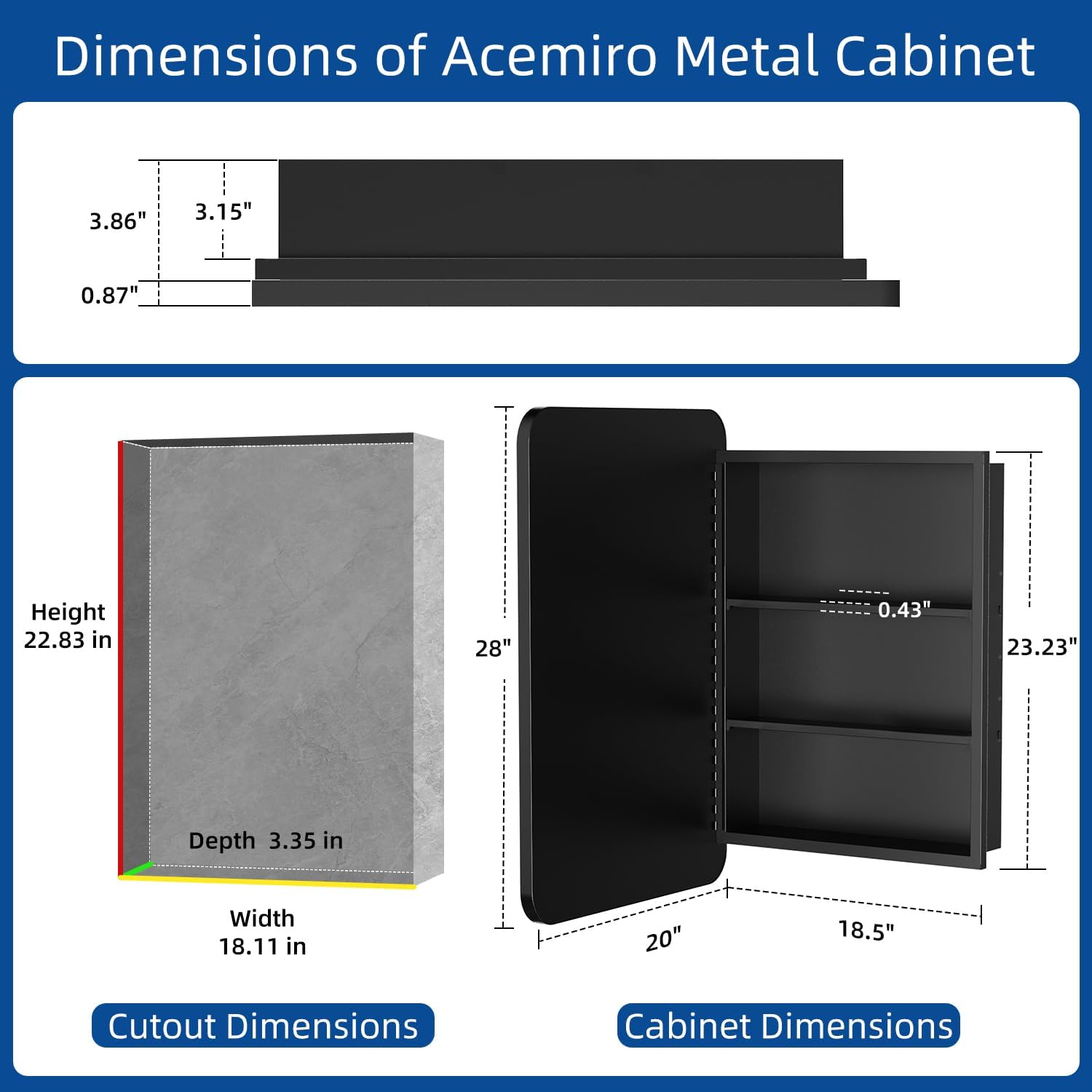 ACEMIRO 20x28 Inch Black Recessed Bathroom Medicine Cabinet with Mirror Metal Framed Farmhouse Surface Wall Mounted Mirrored Bathroom Medicine Cabinets