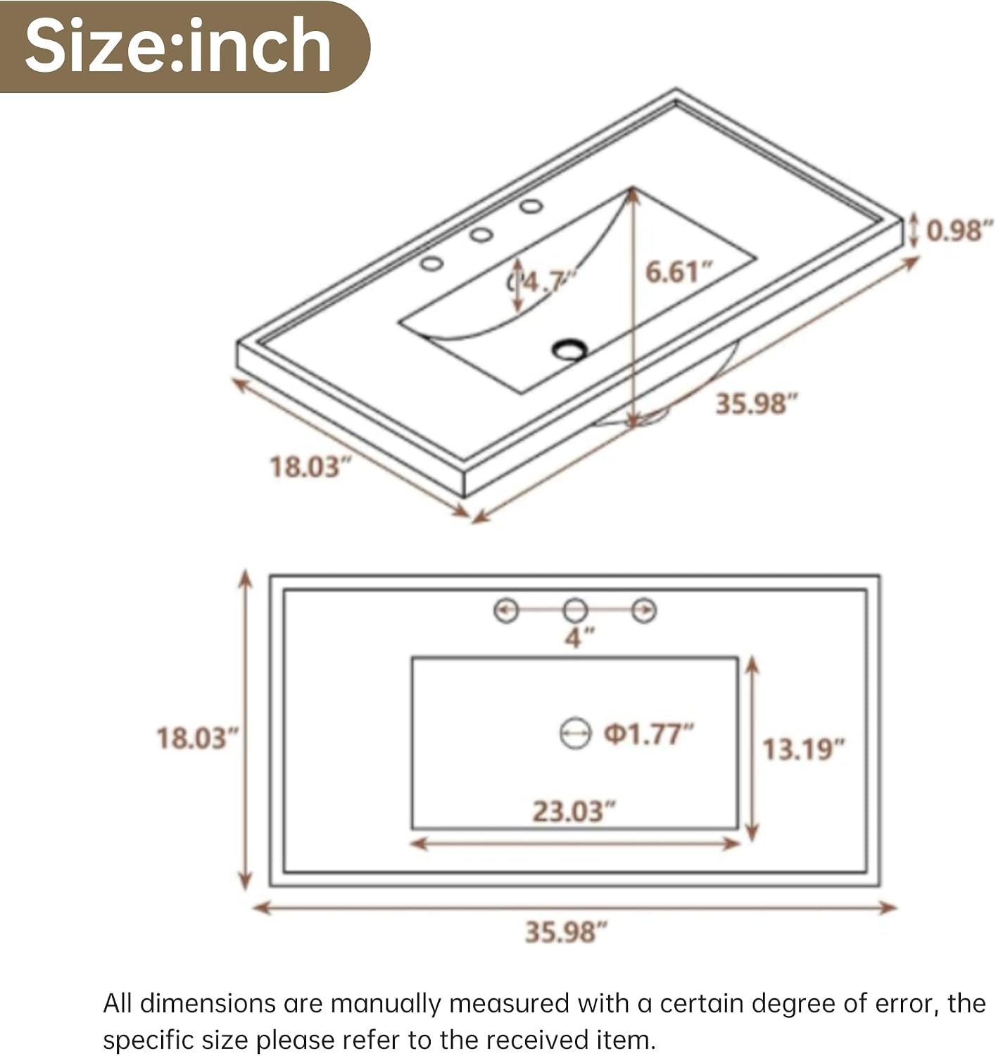 36' Ceramic Bathroom Vanity Sink Top, Modern White Vanity Top for cabinet with Triple Faucet Holes