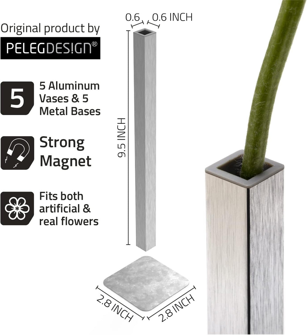 PELEG DESIGN Magnetic Bud Vase Set (Silver) - Unique Home Decor Gift & Modern Table Centerpiece - 20 Aluminum Single Stem Vases - 9.4' Tall Gravity Defying Decor