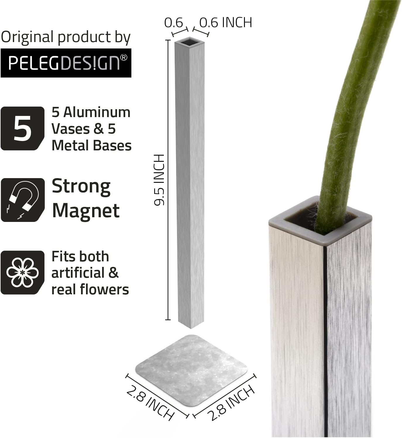 PELEG DESIGN Magnetic Bud Vase Set (Silver) - Unique Home Decor Gift & Modern Table Centerpiece - 20 Aluminum Single Stem Vases - 9.4' Tall Gravity Defying Decor