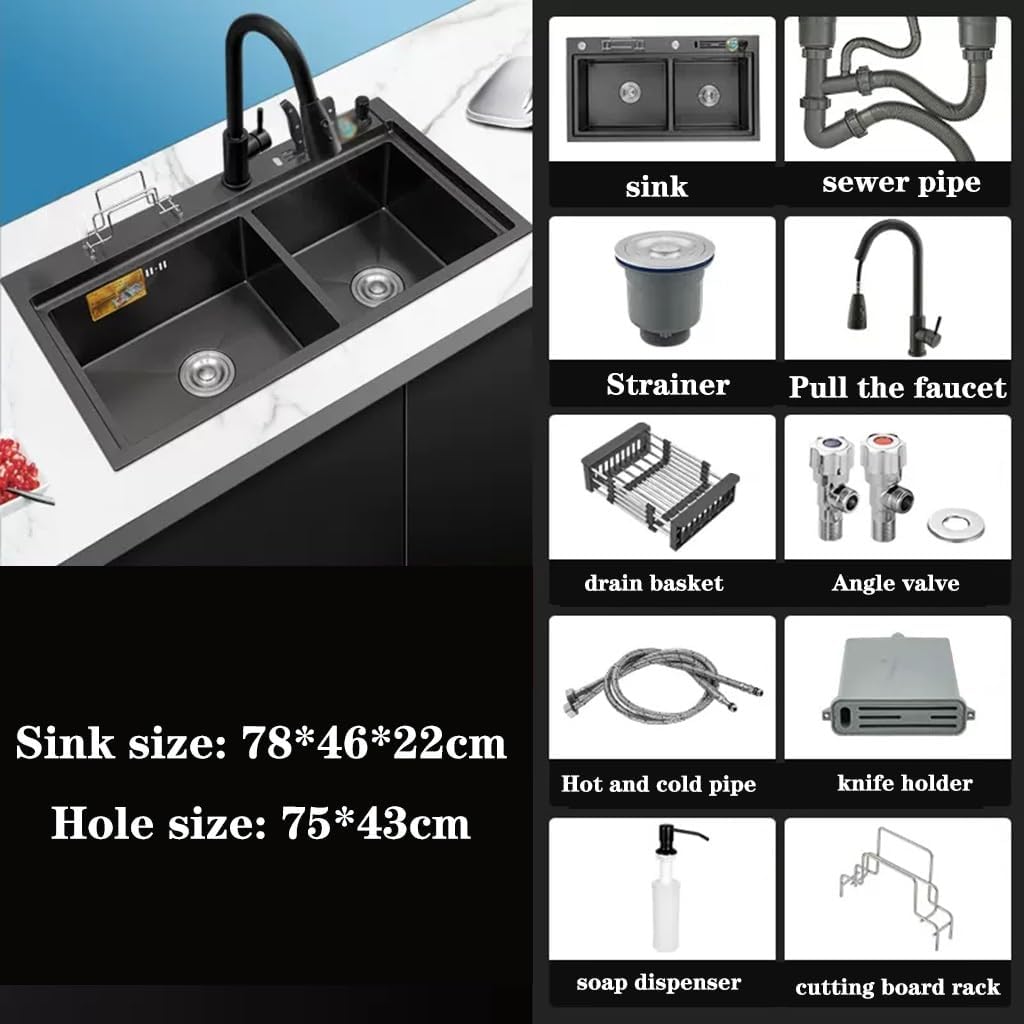 Single Bowl Kitchen Stainless Steel Sink Multifunctional Double Bowl Sink Large Capacity Dishwashiwater Sink Washbasin Thick Panel (78 * 46 * 22Cm