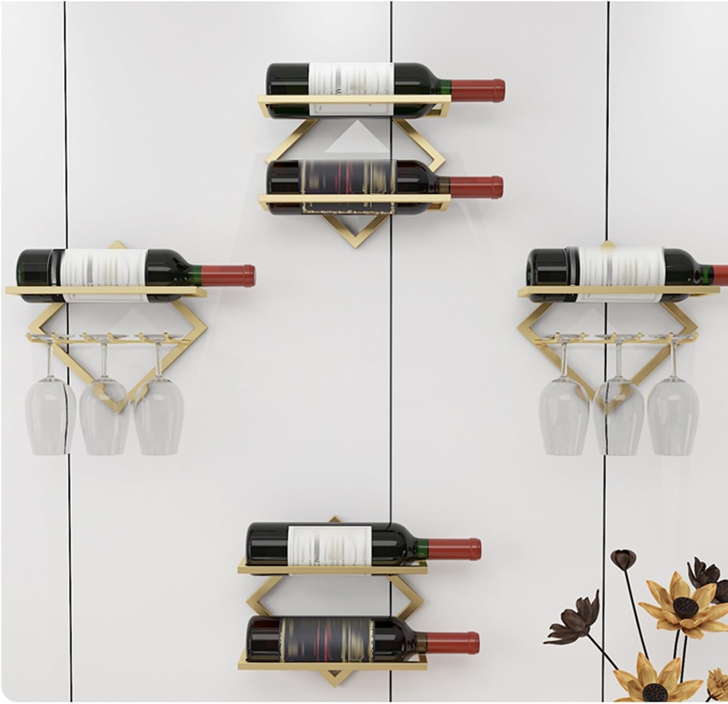 Bar Unit Floating Shelves, Metal Wine Rack Wall Mounted Modern, Elegant Storage For Living Room - With Hanging Wine Glass Rack Mini Bar Bottle Display Shelf Whiskey Shelf Corner Bar ( Color : Gold-4pc