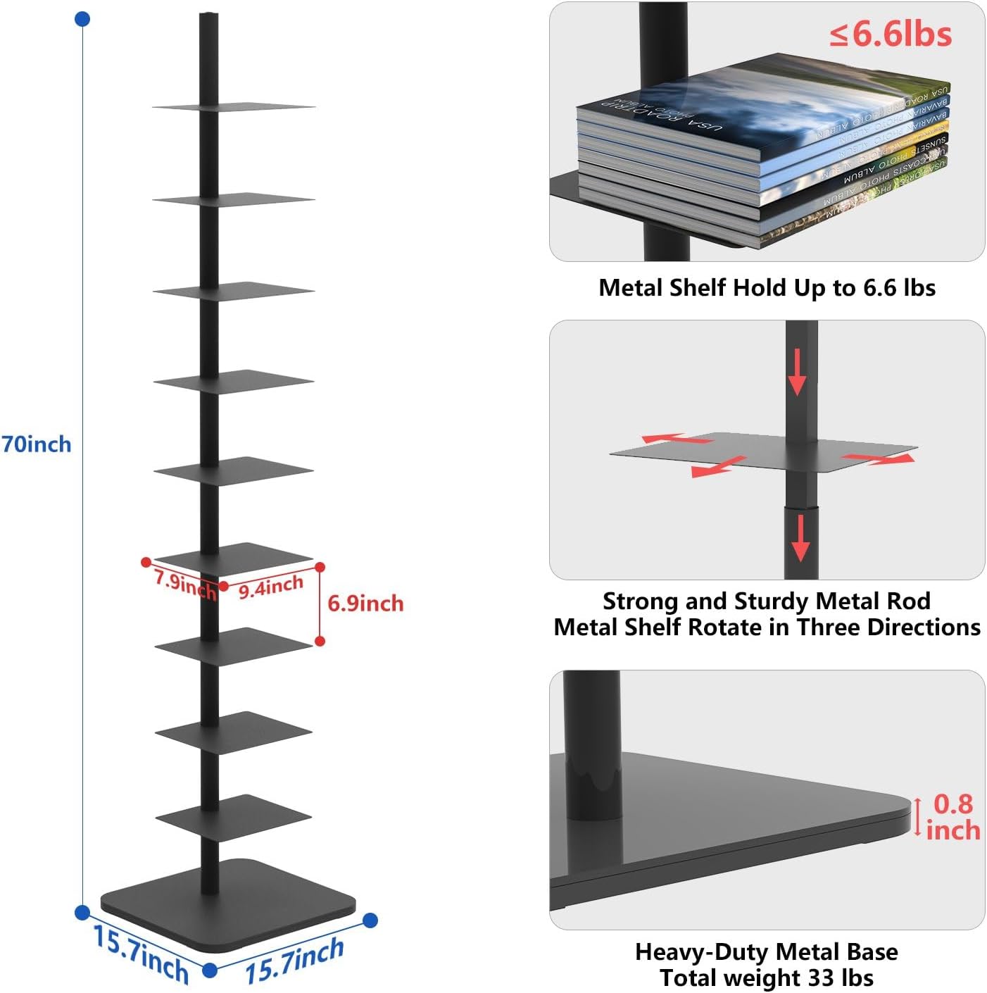 Choowin 9-Shelf Metal Spine Bookshelf Vertical Bookshelf, Adjustable Modern Floating Narrow Tree Book Shelf Book Tower, Display Shelf for Bedroom Living Room Office, 70 inch Tall, Black