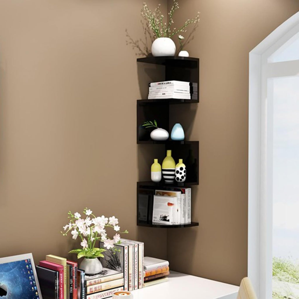 Kitchen Shelves, 5-Tier Corner Shelf, Wall Mounted Floating Shelves for Storage and Corner Decoration for Living Room Bedroom Dining Room Kitchen Bathroom (Black 5 Tier)