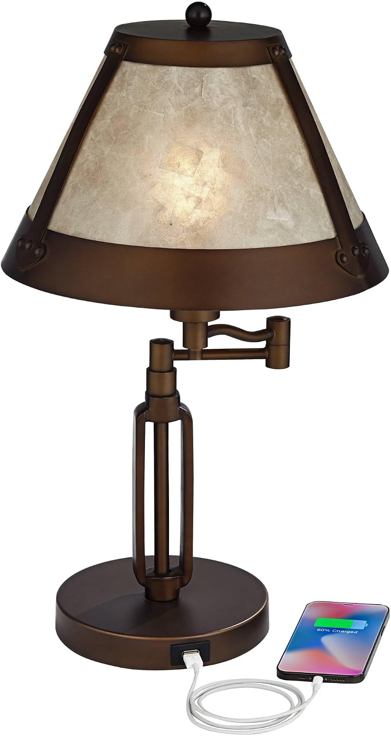 Franklin Iron Works Samuel 21 1/4' High Small Farmhouse Rustic Traditional Desk Lamps Set of 2 USB Port Swing Arm with Socket Brown Bronze Finish Metal Shade Home Office Living Room Charging Bedroom