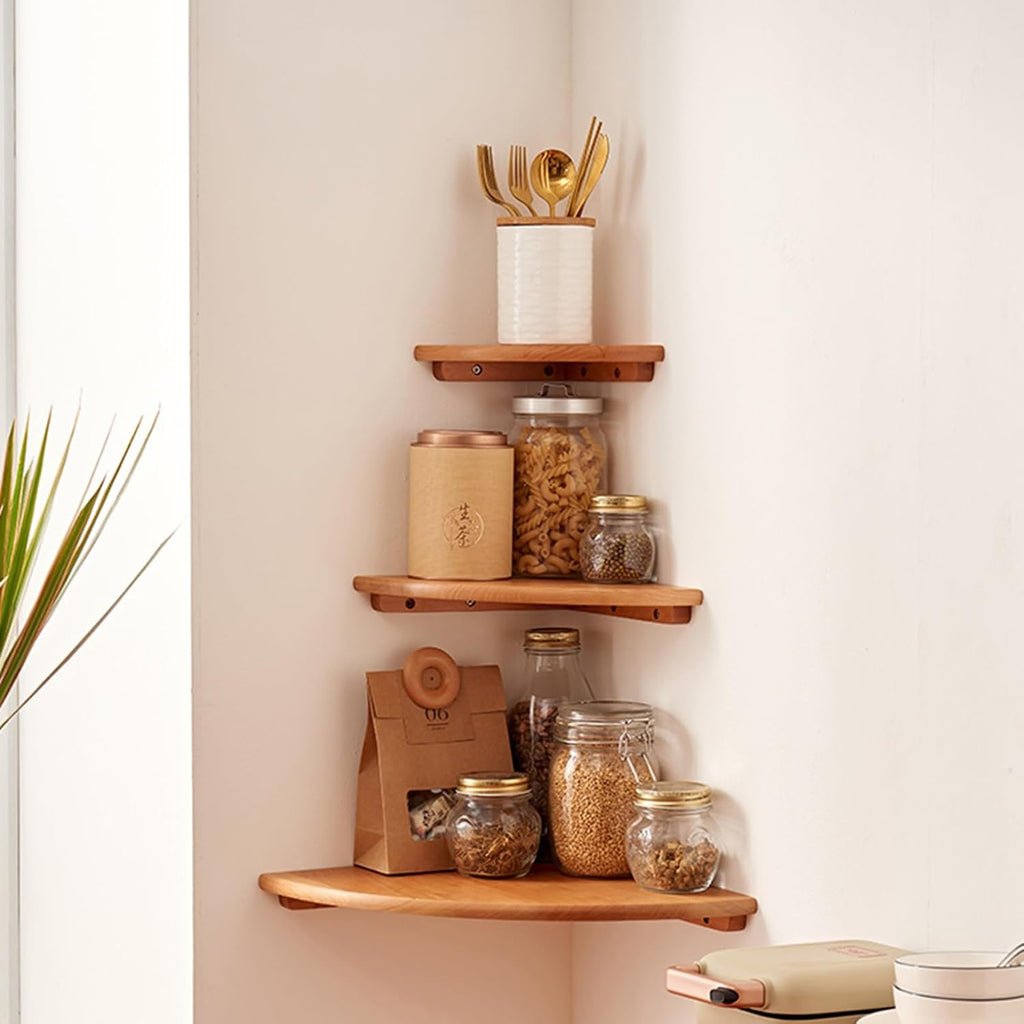 Kitchen Shelves, Corner Shelves Wall Mounted, Set of 3 Floating Corner Shelves, 3 Tier Solid Wood Hanging Display Shelf for Bathroom Kitchen Living Room, Black