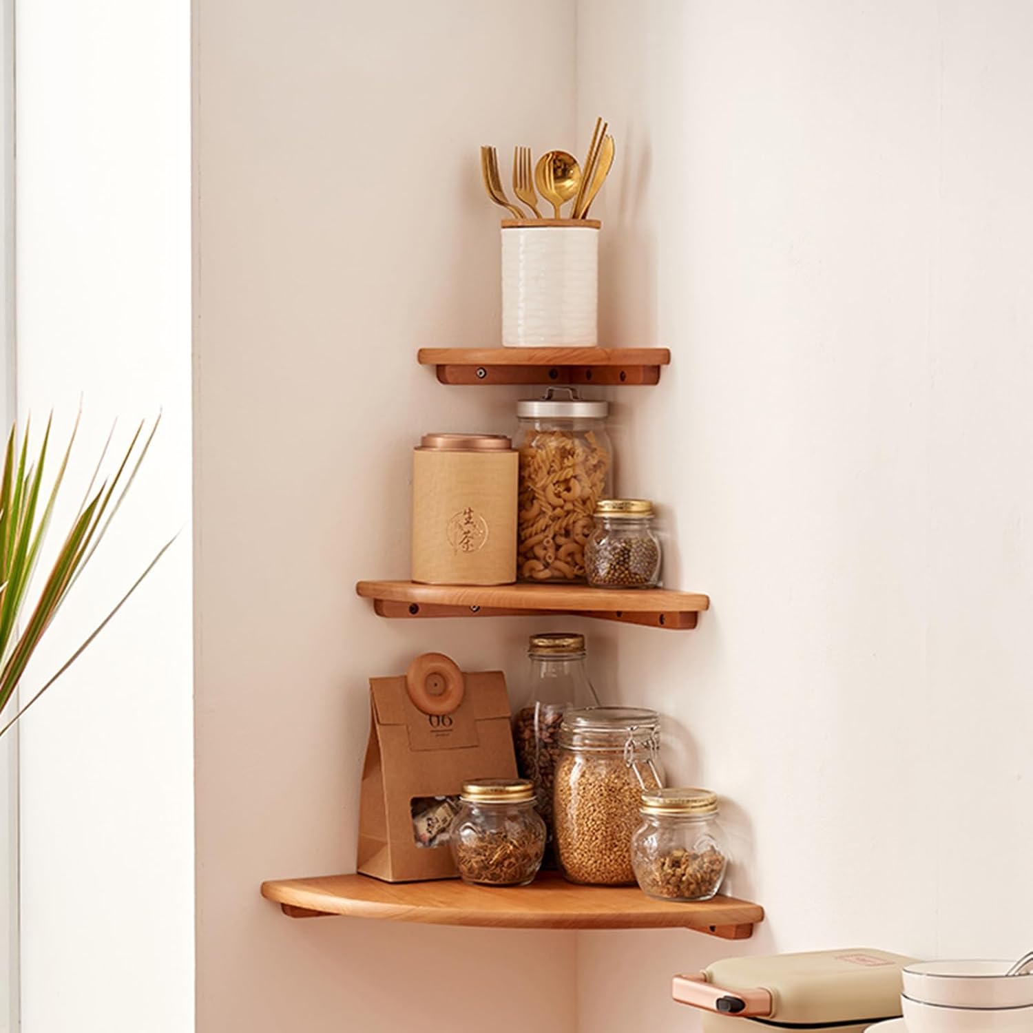 Kitchen Shelves, Corner Shelves Wall Mounted, Set of 3 Floating Corner Shelves, 3 Tier Solid Wood Hanging Display Shelf for Bathroom Kitchen Living Room, Black