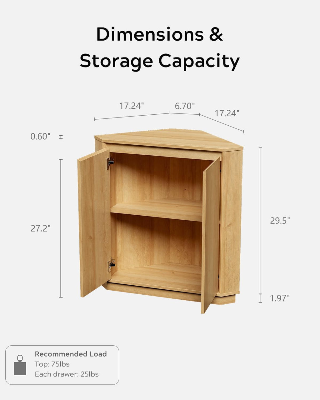 EYYTHUNG Corner Cabinet, Modern Handless Corner Floor Cabinet with 2 Doors and 2-Tier Shelves, Freestanding Narrow Organizer for Living Room Kitchen Bathroom, Natural Oak