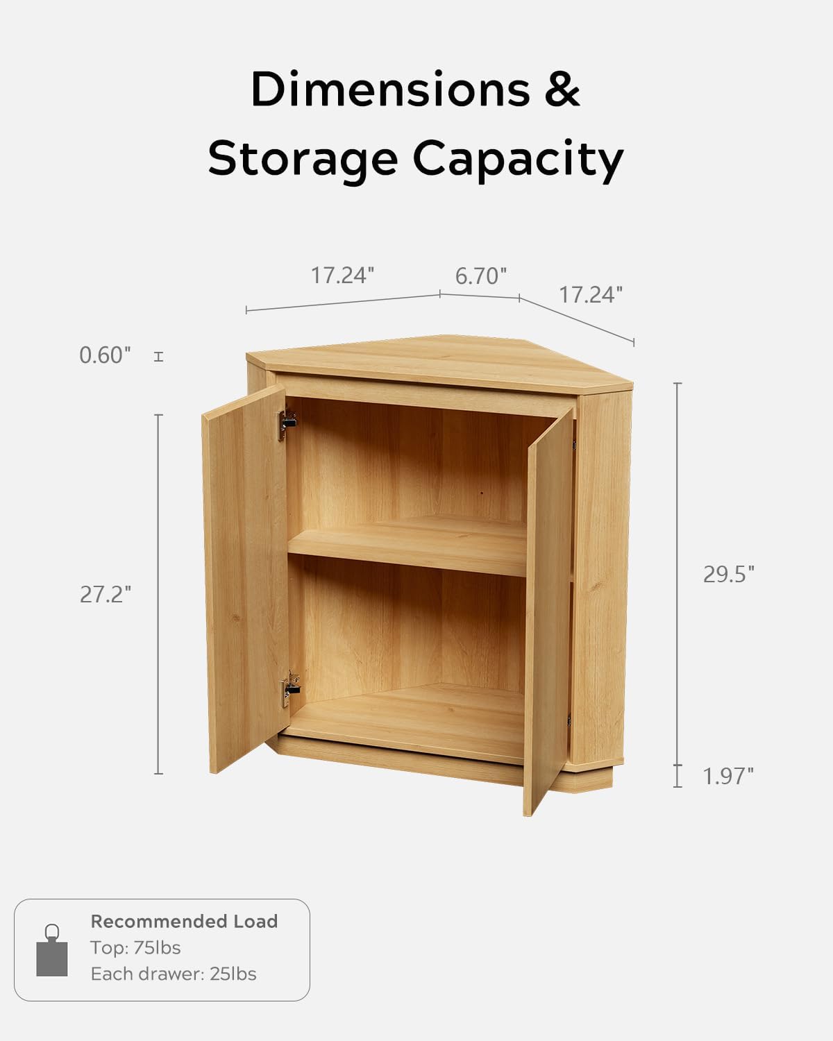 EYYTHUNG Corner Cabinet, Modern Handless Corner Floor Cabinet with 2 Doors and 2-Tier Shelves, Freestanding Narrow Organizer for Living Room Kitchen Bathroom, Natural Oak