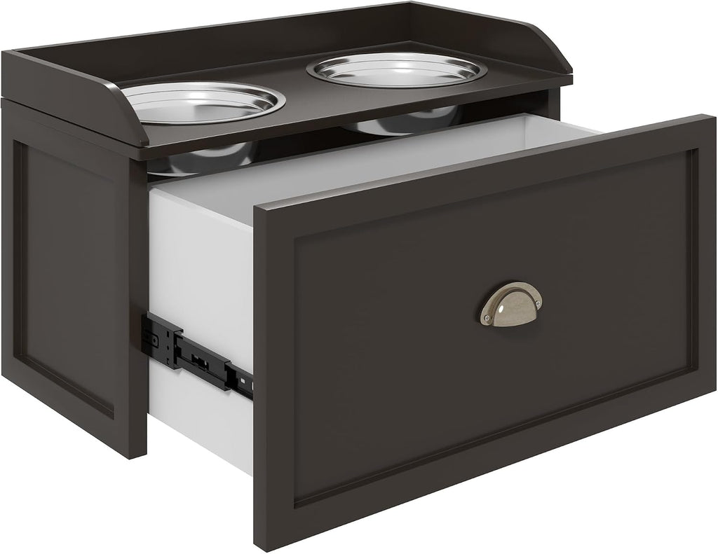 Dog Feeding Station with Storage Drawer, Dog Food Storage Cabinet with 2 Removable Elevated Dog Bowls for Large Sized Dogs, Coffee