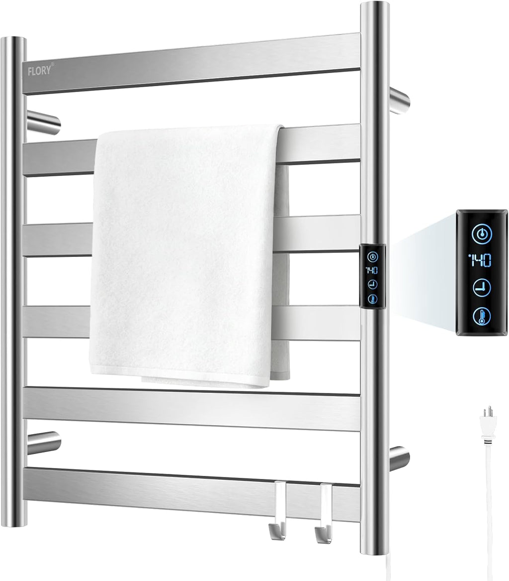 R FLORY Heated Towel Rack for Bathroom, 6 Bar Wall Mounted Towel Warmer Rack Flat with Timer & Temperature, Electric Towel Heater with LED Display Screen, Plug-in,Brushed Nickel