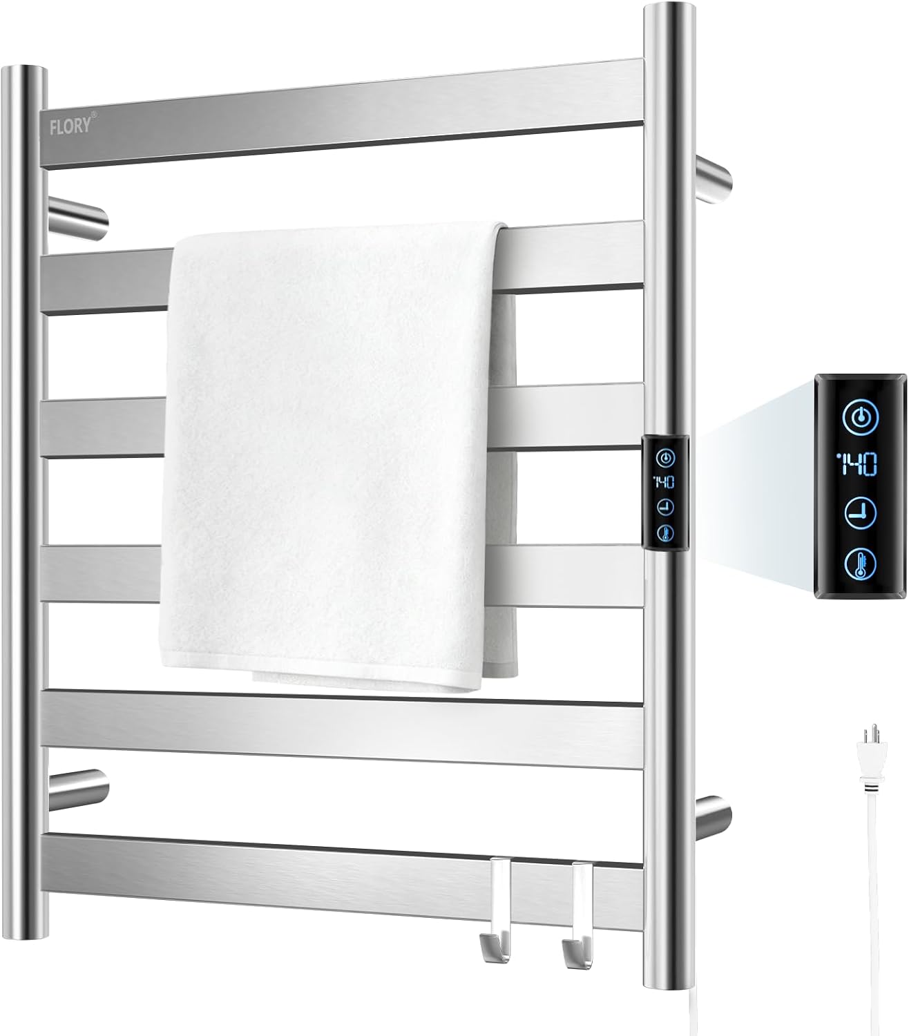 R FLORY Heated Towel Rack for Bathroom, 6 Bar Wall Mounted Towel Warmer Rack Flat with Timer & Temperature, Electric Towel Heater with LED Display Screen, Plug-in,Brushed Nickel