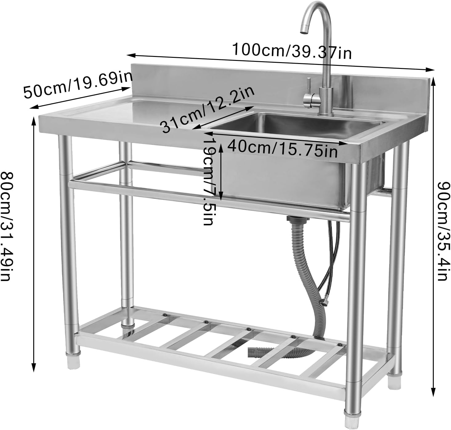 Stainless Steel Sink Single Commercial Utility Sink Free Standing Kitchen Sinks with Cold and Hot Water Faucets for Kitchens, Garage, Laundry Room (39.4'W x 19.7'D x 35.4'H)