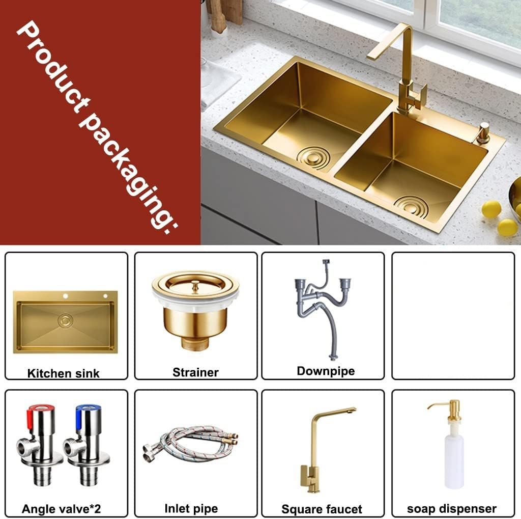 Large Gold Double Bowl Bar Prep Sink Home 304 Stainless Steel Kitchen Sink RV Sink Drop-in Or Undermount (Color : Gold-1, Size : 80x45x22cm) (Gold3 80x45x22cm)