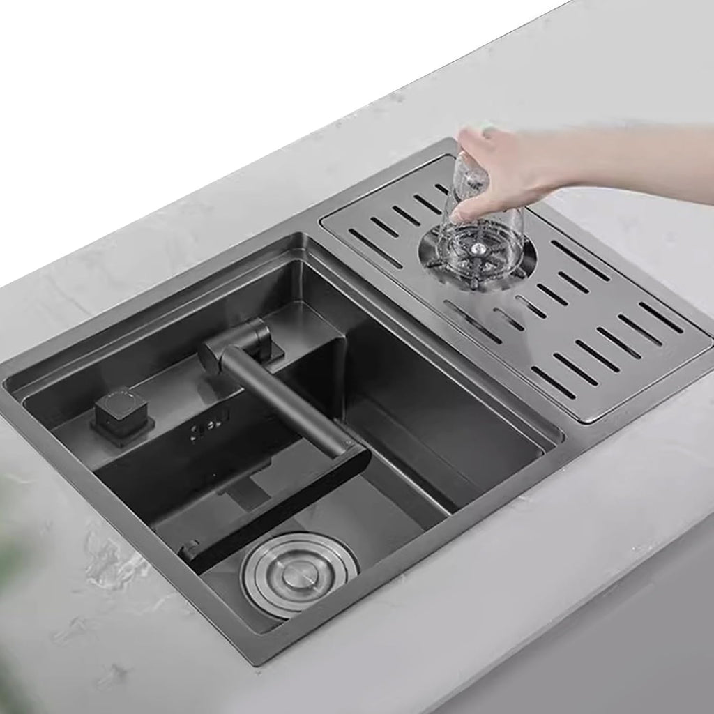 Black Hidden Sink with Lid Bar Sink with Cup Washer Kitchen Single Bowl Sink 304 Stainless Steel Sink Foldable Faucet (
