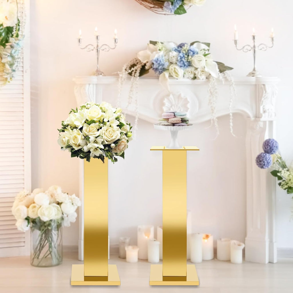 2PCS Tall Gold Vases for Centerpieces,31.5inch Stainless Steel Column Geometric Centerpieces Wedding Flower Stand Flower Floor Vase for Tables Wedding Anniversary Birthday Party Decor