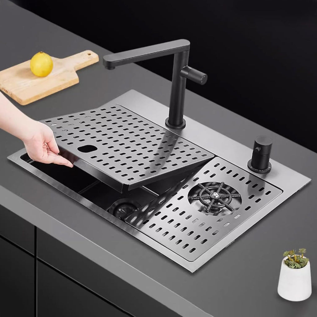 Black Bar Sink with Cup Washer Kitchen Single Bowl Sink with Cover Stainless Steel Sink Coffee Shop Sink Three-in-one Faucet (