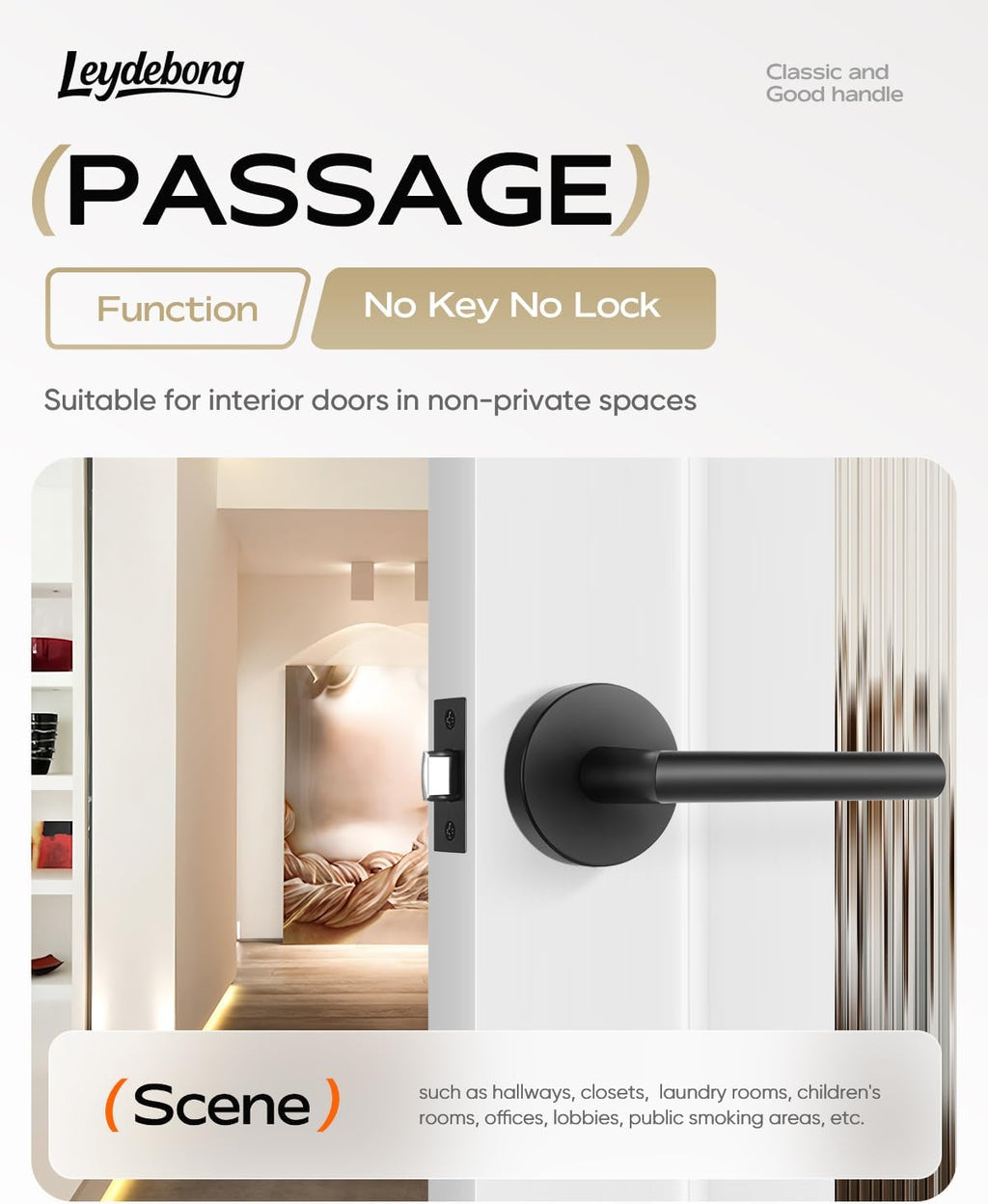 Leydebong 6 Pack Matte Black Door Handles Interior Passage Door Knob Lever, Interior Door Handles Matte Black for Closet, Nonlockable Hallway Closet Door Handle