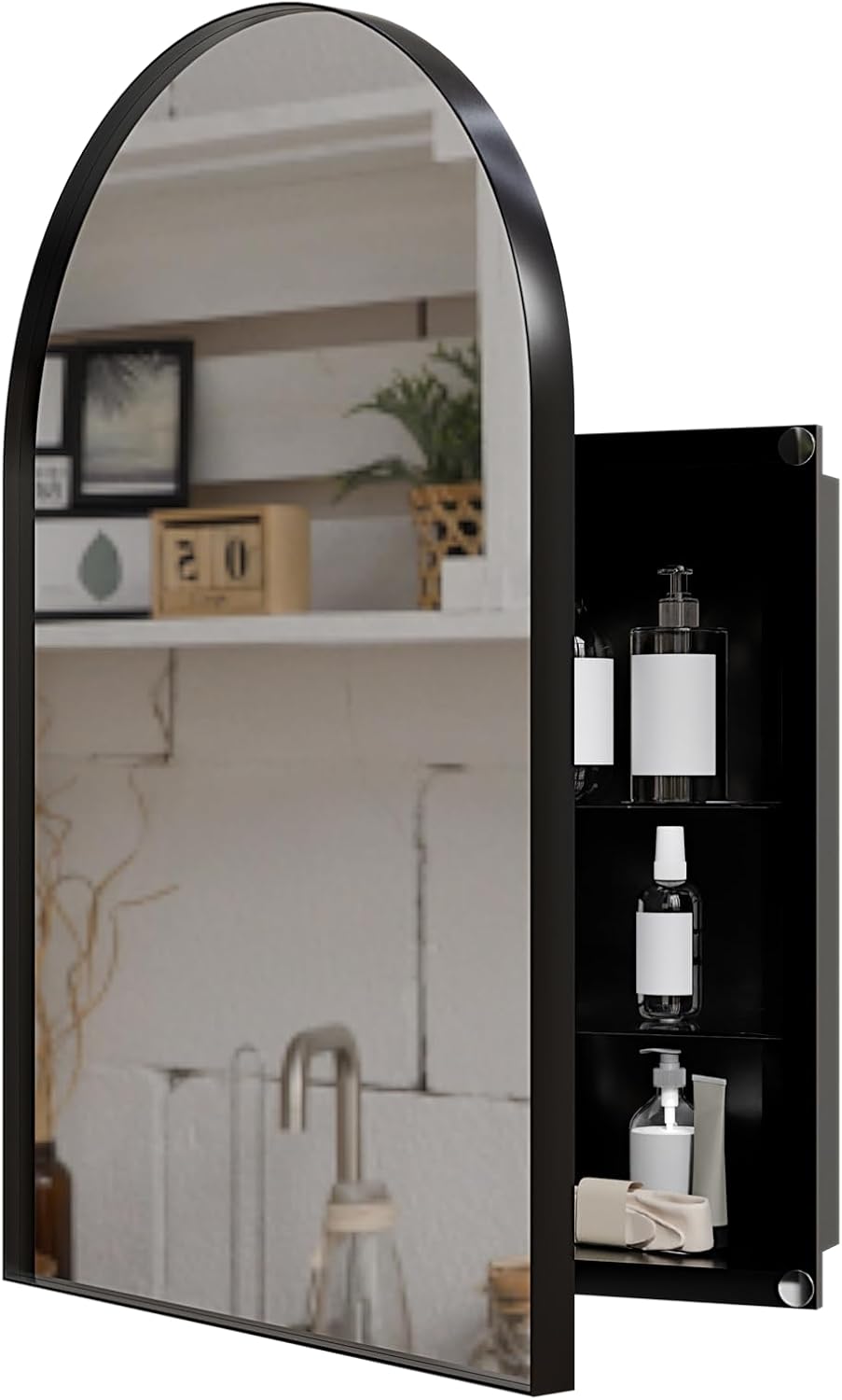 Corner Medicine Cabinet, Metal, Arched Mirror, 18x24 in | Metal construction, space-saving corner design, arched mirror door, adjustable tempered glass shelves, wall-mount ready