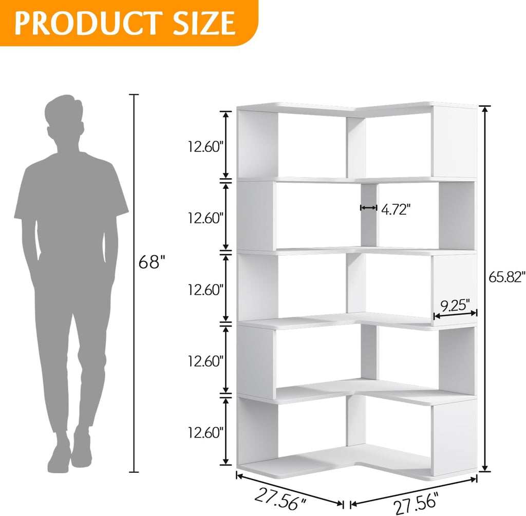 IOTXY 6-Tier L-Shaped Corner Bookshelf - 66' Tall Wooden Freestanding Bookcase with Open Shelf Units, White
