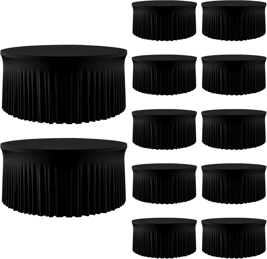 12 Pack 60 Inch Black Round Tablecloth with Skirt, Fitted Table Cover for 5FT Tables, Wrinkle Resistant and Washable Table Cloth for Wedding Party Banquet Buffet Indoor Outdoor Events