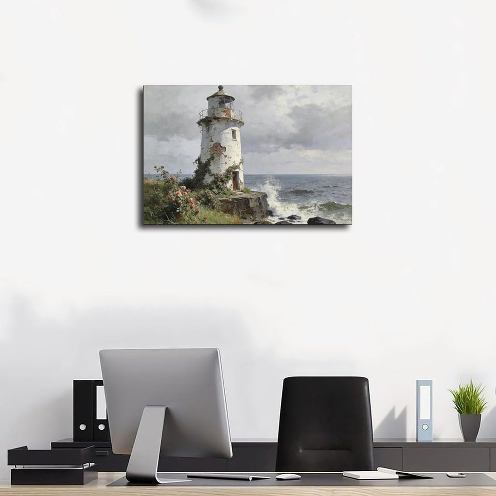 Frame Coastal Lighthouse Wall Art Poster Print, Vintage Rose Garden Seascape Painting, Nautical Ocean Waves Landscape Artwork Rustic Decor 24x36inch(60x90cm)