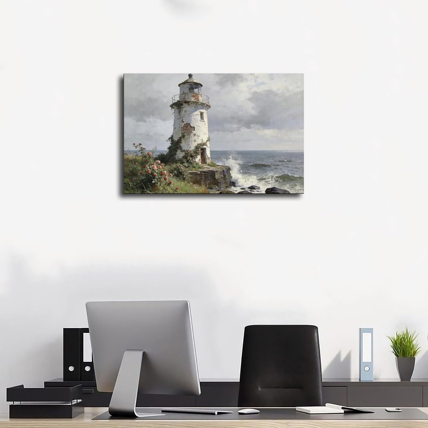Frame Coastal Lighthouse Wall Art Poster Print, Vintage Rose Garden Seascape Painting, Nautical Ocean Waves Landscape Artwork Rustic Decor 24x36inch(60x90cm)