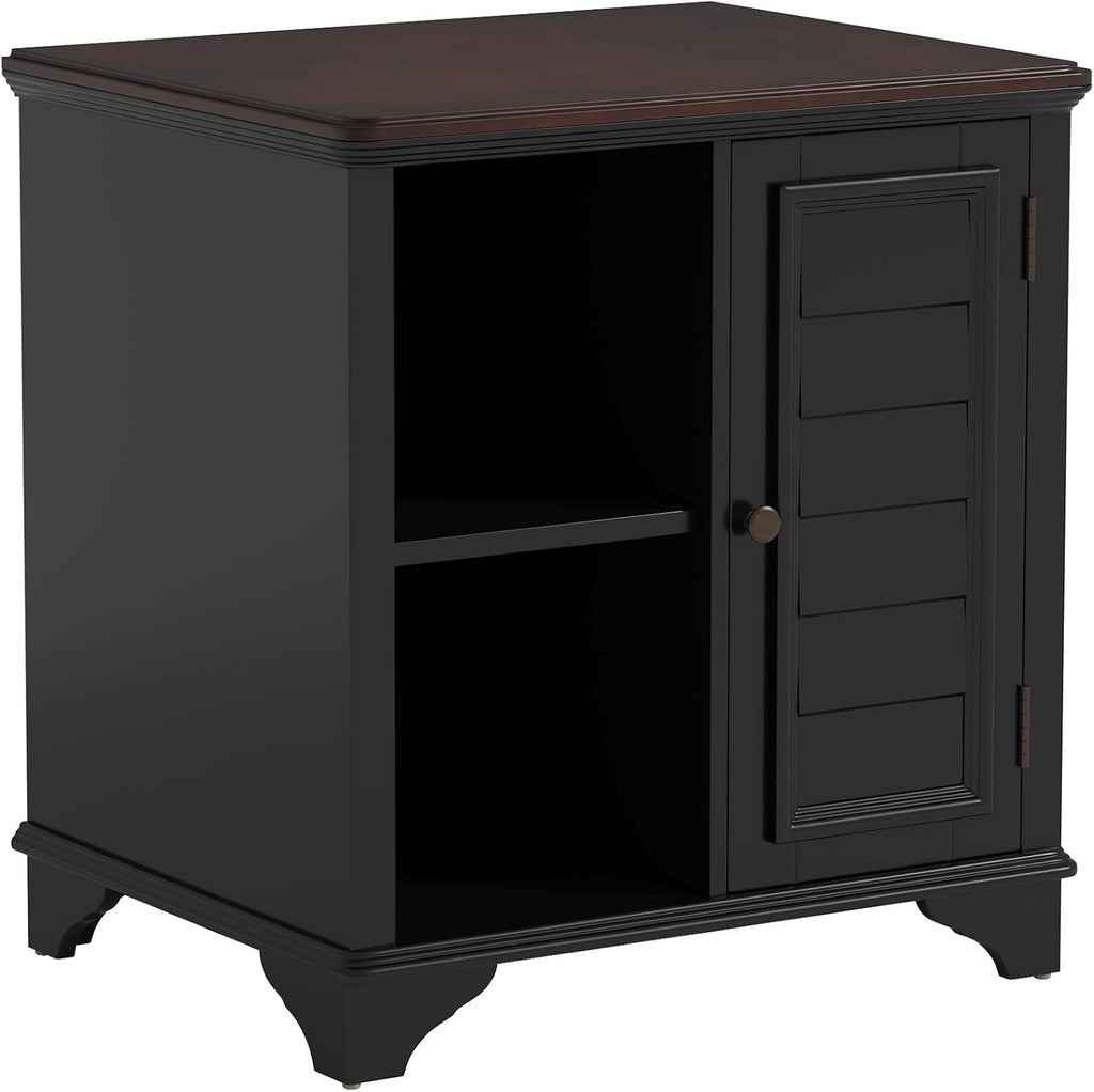Multifunctional End Table Side Table with a Shutter Style Door and 2 Woven Grass Baskets, Sofa Side Narrow Table, Wood Bedside Nightstand for Living Room Bedroom (Black-4.7)