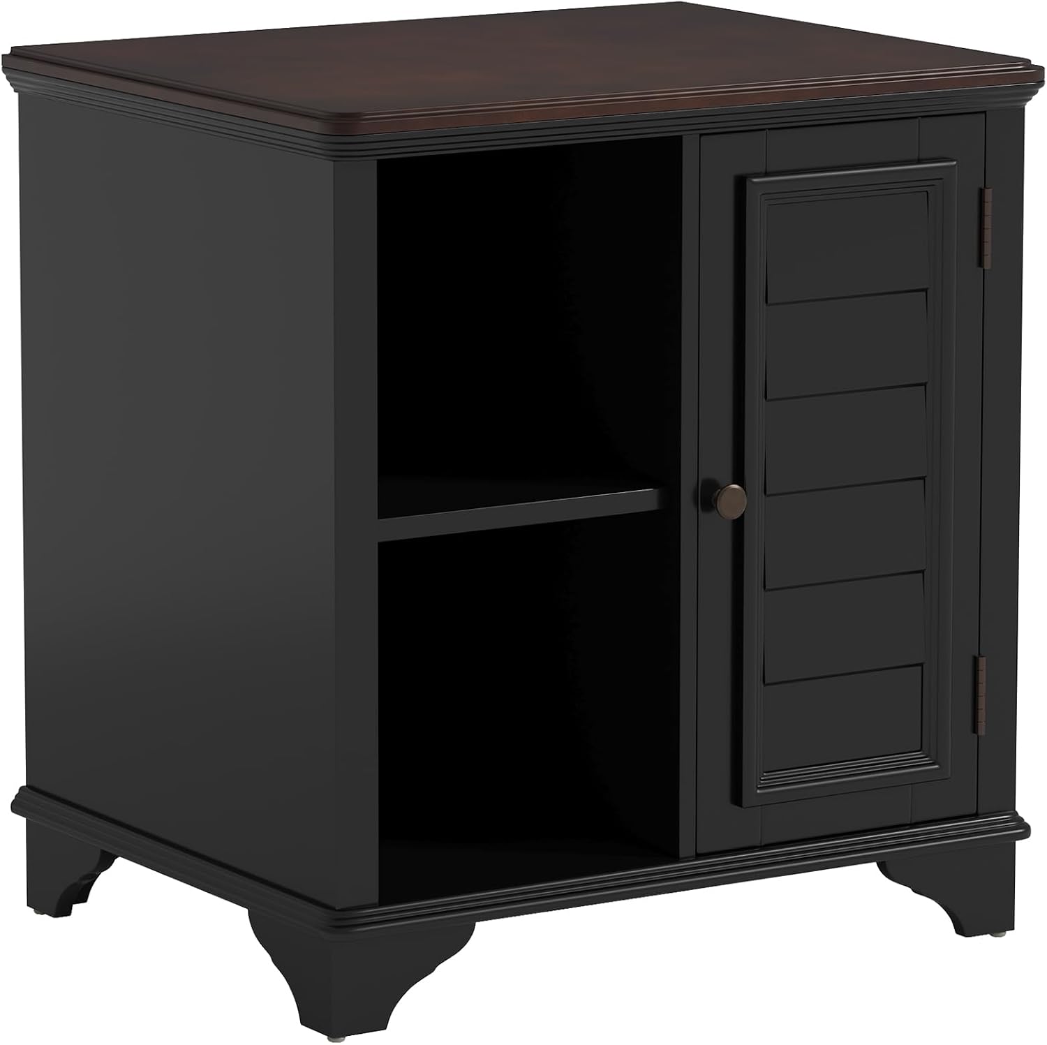 Multifunctional End Table Side Table with a Shutter Style Door and 2 Woven Grass Baskets, Sofa Side Narrow Table, Wood Bedside Nightstand for Living Room Bedroom (Black-4.7)