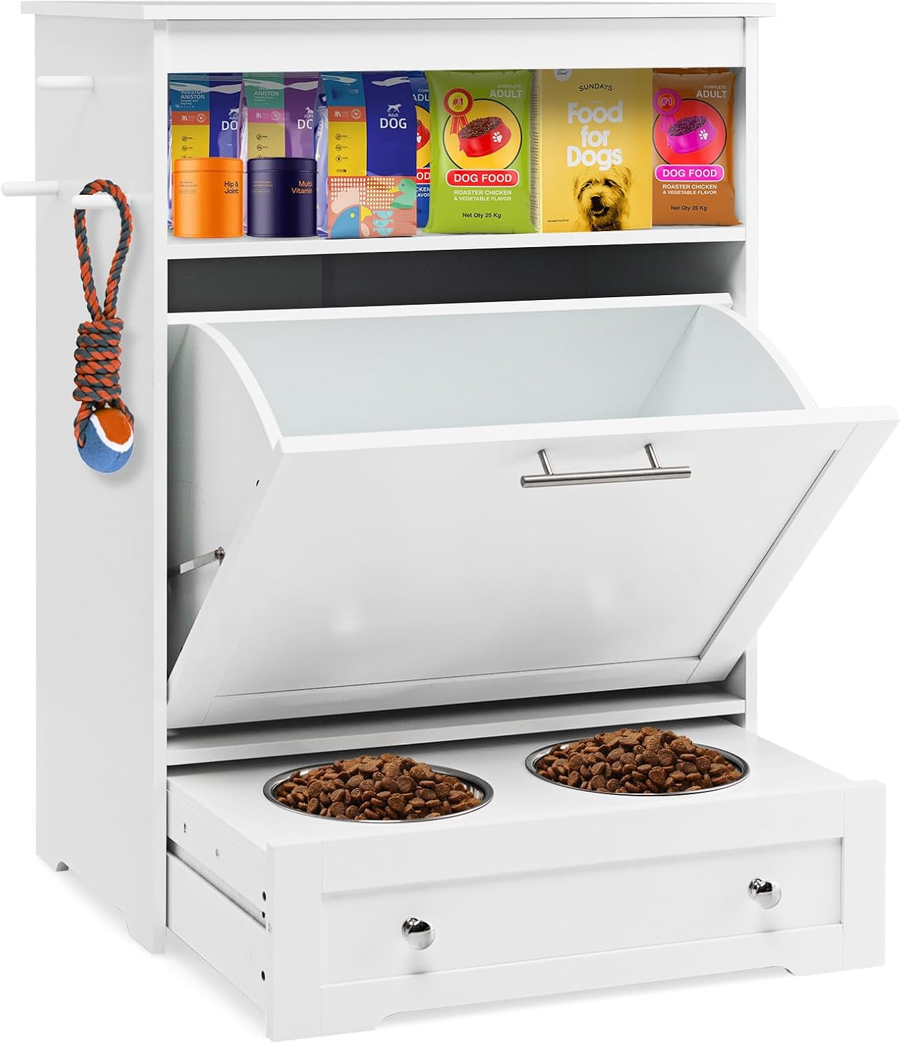 PETSITE Dog Feeding Station with Storage and 2 Elevated Bowls, Modern Dog Food Cabinet with 3 Side Hangers and Tilt-Out Storage Cabinet (White)