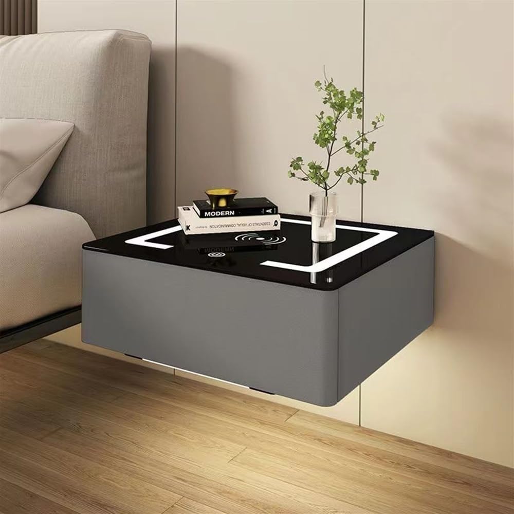 Floating Nightstand with Drawer, Bedside Shelf Wall Mounted Nightstand, Bedside Table with Wireless Charging and Smart Light, Side Table for Bedroom Modern Decor(Dark gray,40cm/15.7in)