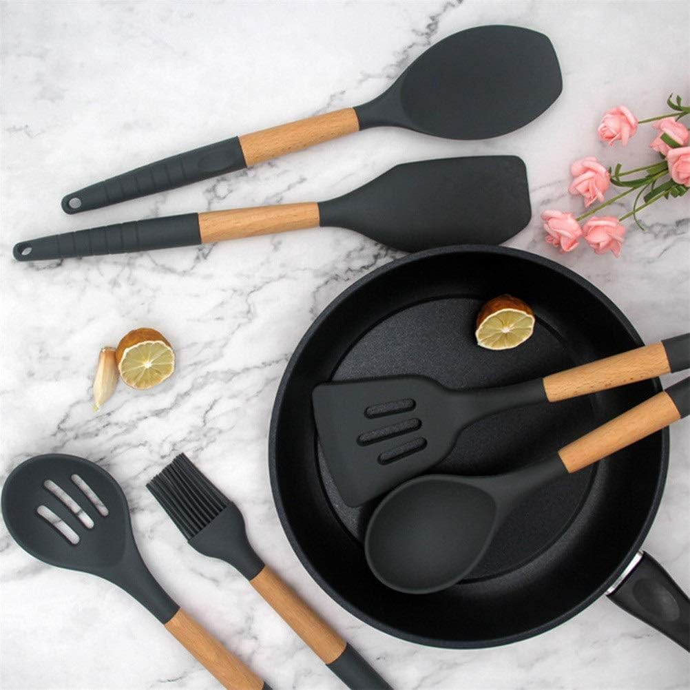 Kitchen Utensils Set,Silicone Wood Soup Spoon Spatula Brush Scraper Black Kitchen Cooking Tools Kitchenware Kitchen Utensil Storage Box (Color : 6PCS) (Color : 9pcs)