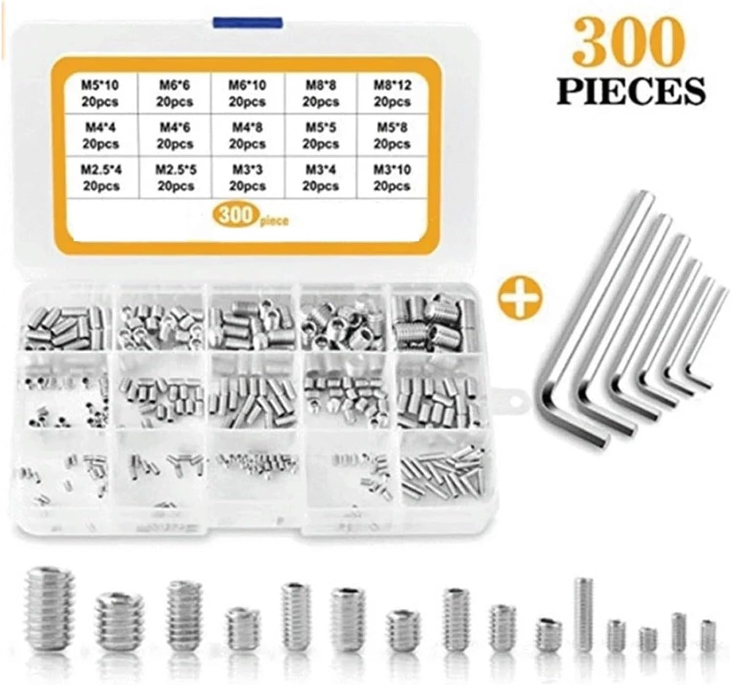 Exquisite 300Pcs Hexagon Socket Set Screw Flat Point Grub Screw Assortment Kit 304 Stainless Steel M2.5 M3 M4 M5 M6 M8 Headless Set Screw Durable