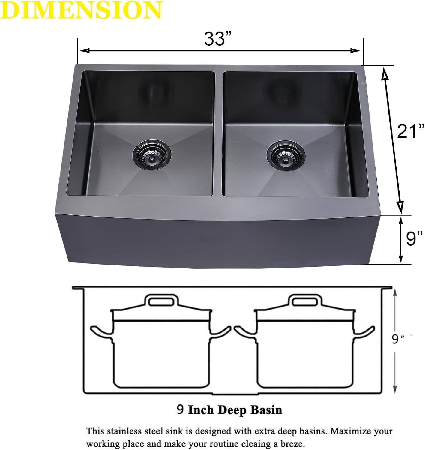 SHACO 33 Inch Double Bowl Divided 50/50 Black Farmhouse Sink, 33x21 Gunmetal Black Stainless Steel Undermount Apron Front Farm Kitchen Sink